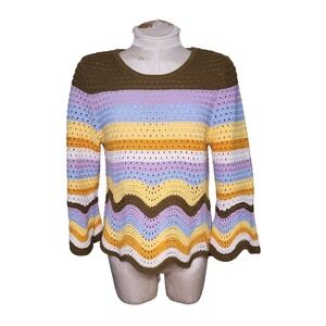 Crocheted Striped Chevron Multi Color Boho Long sleeve Top Size Medium